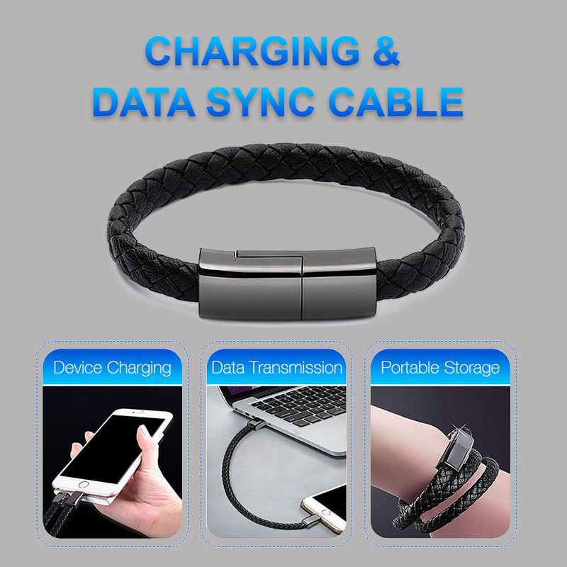 Black braided charging bracelet cable with silver metal clasp
