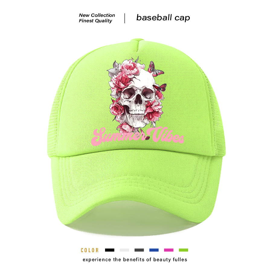 Men's casual baseball cap, neon green with skull floral graphic on front and curved brim