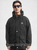 Black hooded rain jacket front view with snap buttons and chest logo patch