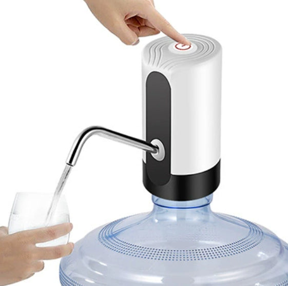 Automatic electric water bottle pump dispensing with white and black housing and metal spout