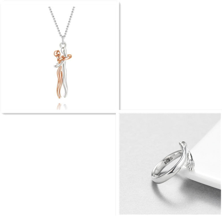 Rose gold-tone hug pendant necklace with heart charm and chain, unisex.