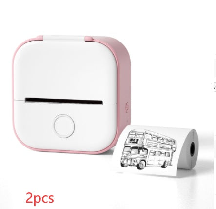 Mini thermal label printer, white with pink trim and label roll