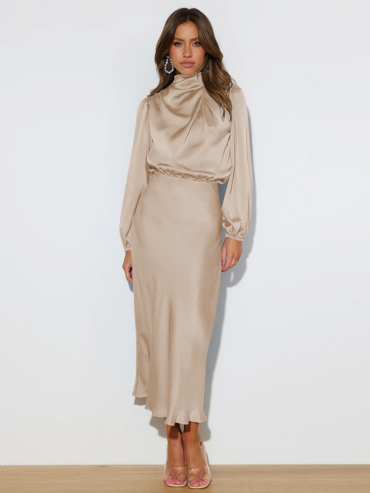 Beige long-sleeved satin midi dress with gathered high neckline