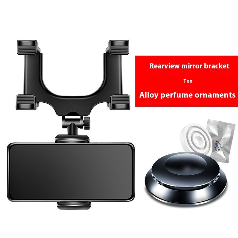 Black clip-on rearview mirror phone holder with alloy perfume ornament base
