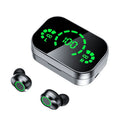 Wireless earbuds with black-and-silver charging case, green LED digital battery display