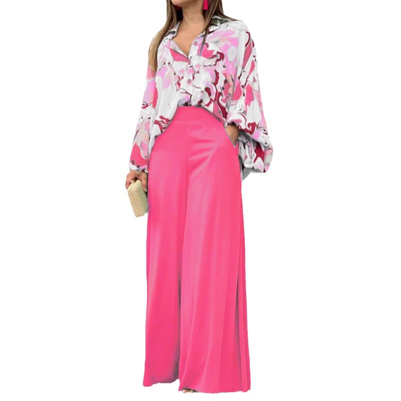 Printed shirt top and wide-leg pants set, multicolor top, bright pink wide-leg pants