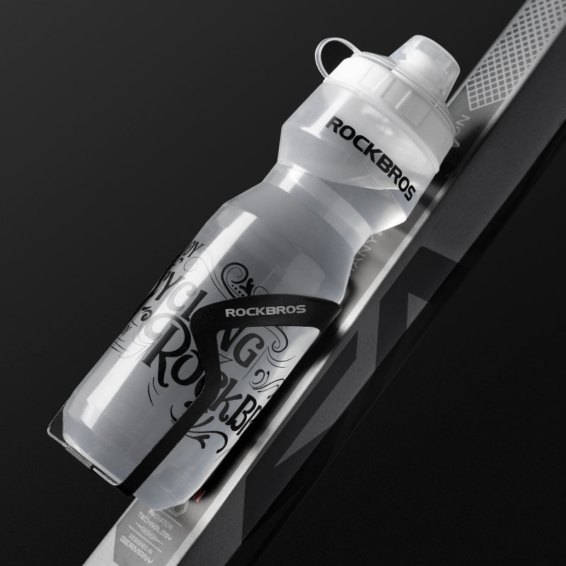 White ROCKBROS cycling water bottle with printed graphics and mounting strap