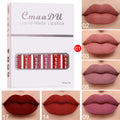 Liquid matte lipstick set box with rose, brown, plum lip shade swatches