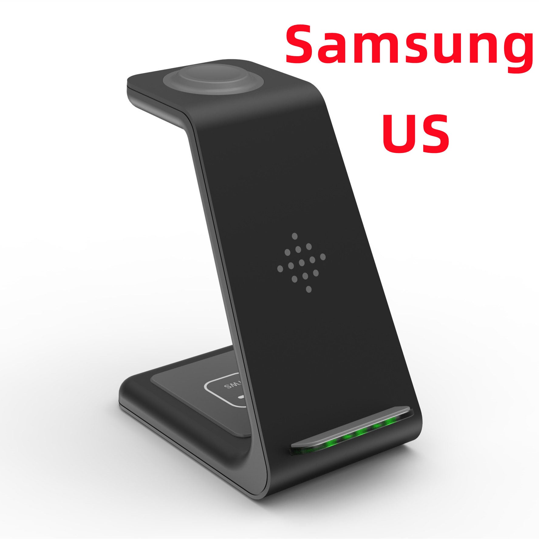 Wireless charging stand dock, black vertical phone cradle with glowing base lights