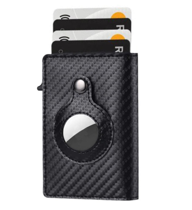 Men's slim card wallet in black textured leather with round tag holder and metal rivet.