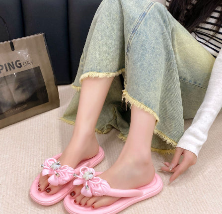 Women’s outdoor slippers, pink slide with ribbon floral butterfly applique