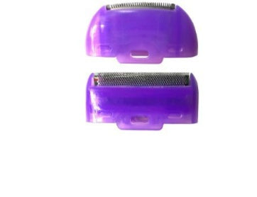 Purple electric hair removal shaver trimming heads shown in close-up