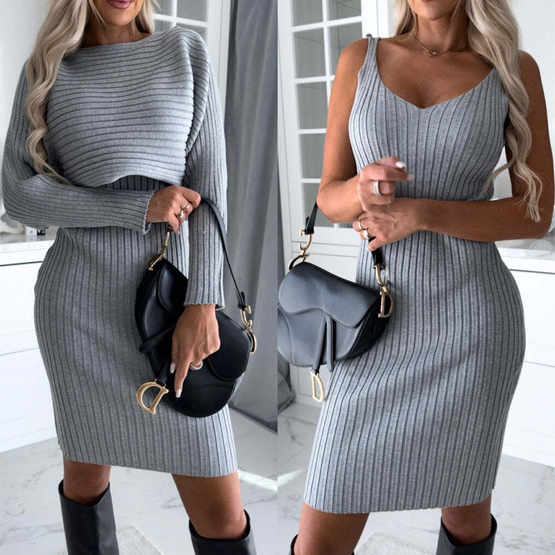 Women’s ribbed knit top and suspender skirt set, gray, long sleeves