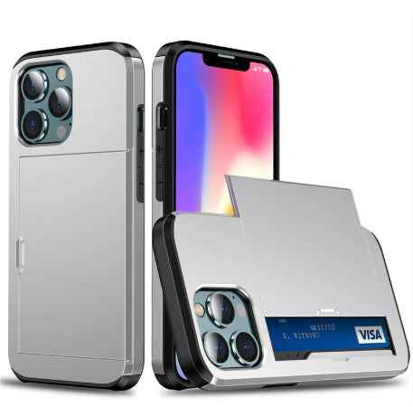 Silver-tone phone card case with flip cover and card compartment