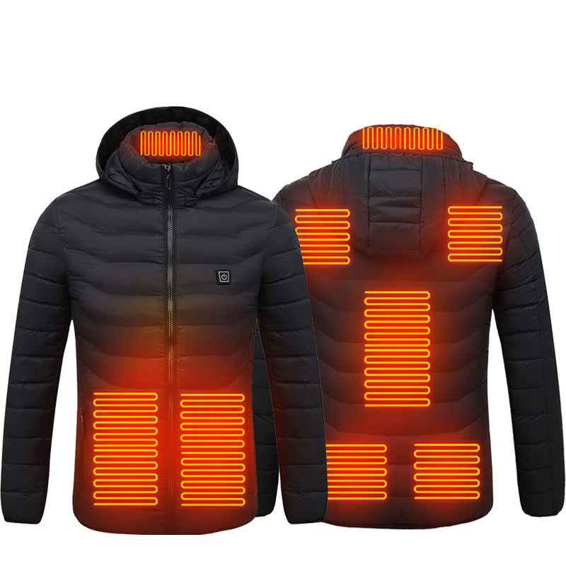 Black heated puffer jacket with glowing front and back heater panels