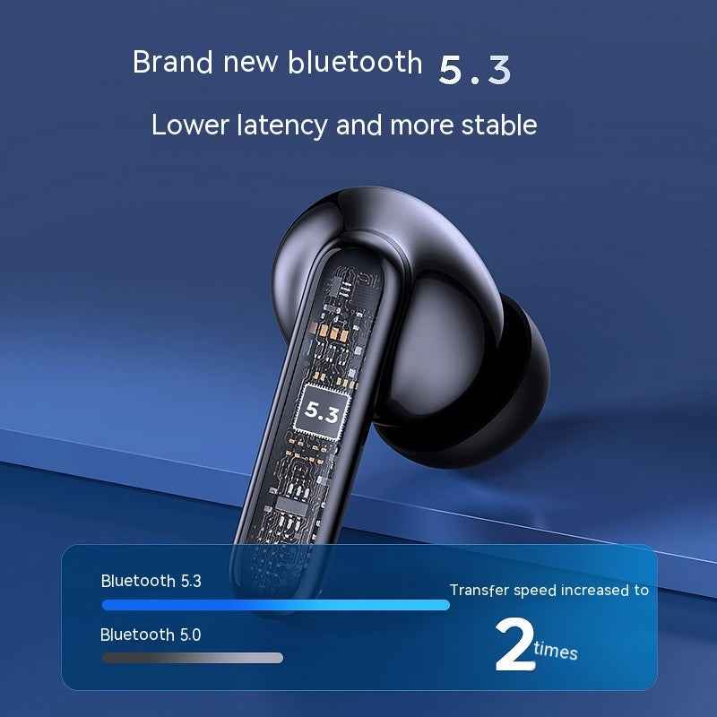 Black wireless in-ear headphone with visible charging contacts on the stem