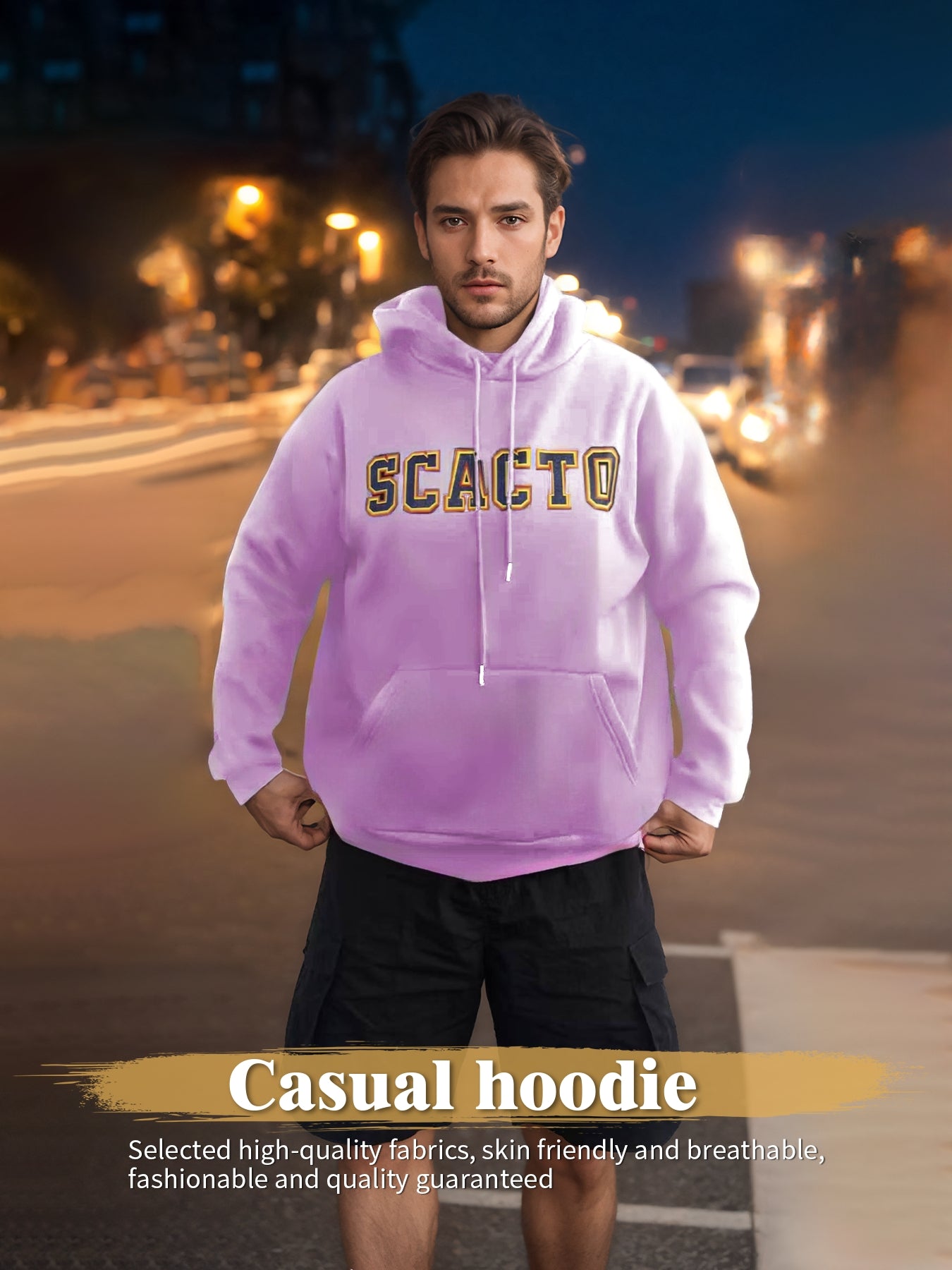 Purple long-sleeve printed hoodie with hood, drawstrings, and front SCAGTO graphic.