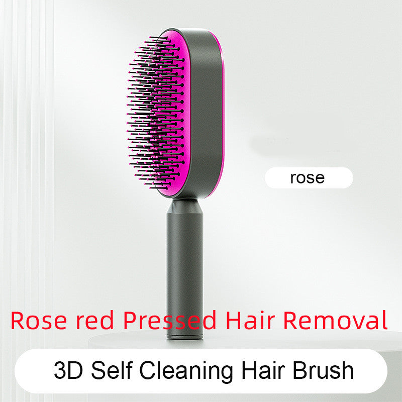 Self-cleaning hair brush with rose pink oval head and dense black bristles