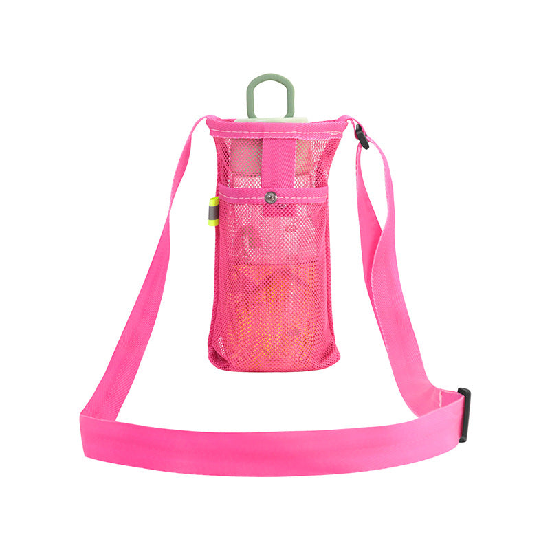 Mesh water bottle holder sling bag in bright pink with adjustable shoulder strap