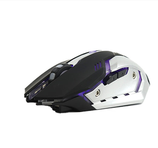 Wireless gaming mouse, black with purple LED lighting and contoured right-side buttons