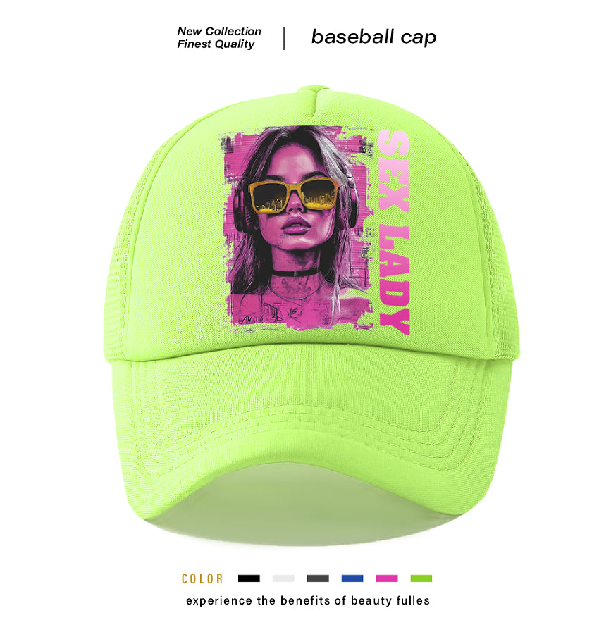 Lime green baseball cap with embroidered-style photo graphic on front