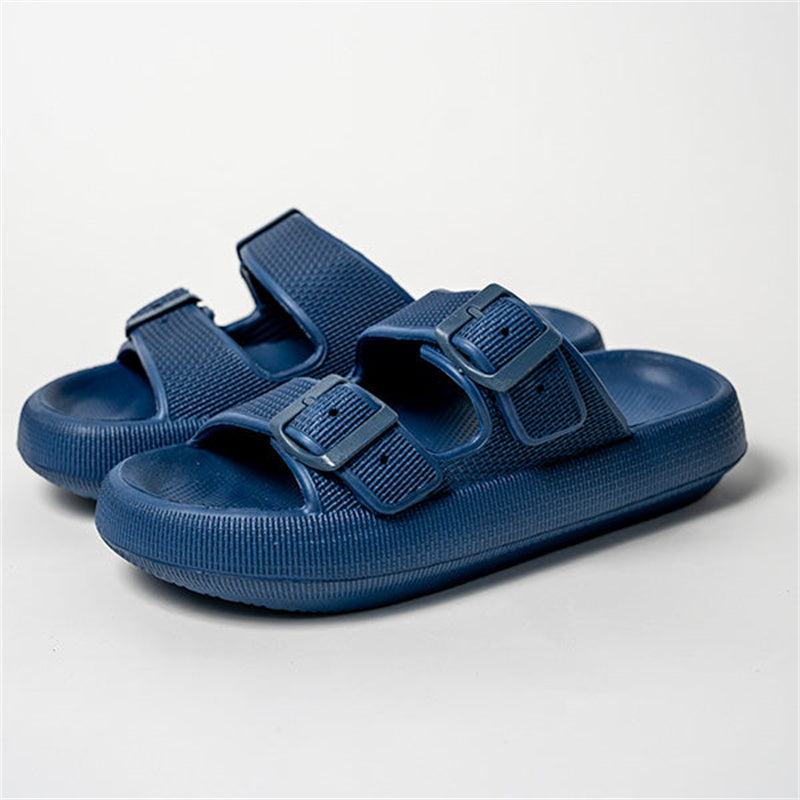 Blue thick-soled EVA slide sandals with two adjustable buckle straps