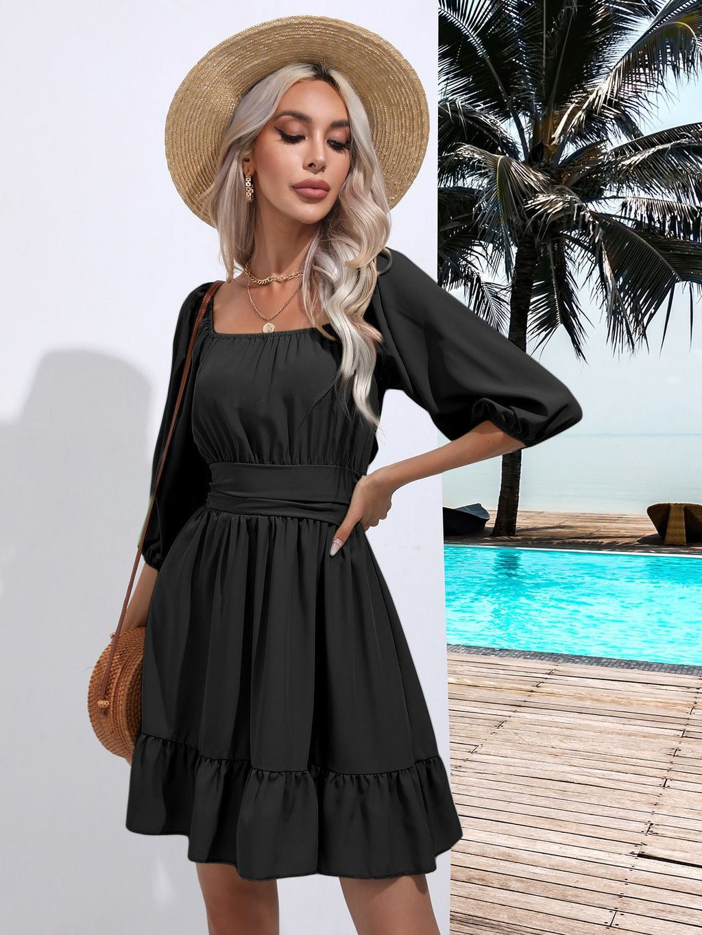 Ruffle-trimmed square-neck dress, black, puff sleeves, tiered ruffle skirt