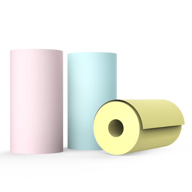 Color paper roll set: pink roll, light blue roll, and yellow roll with core