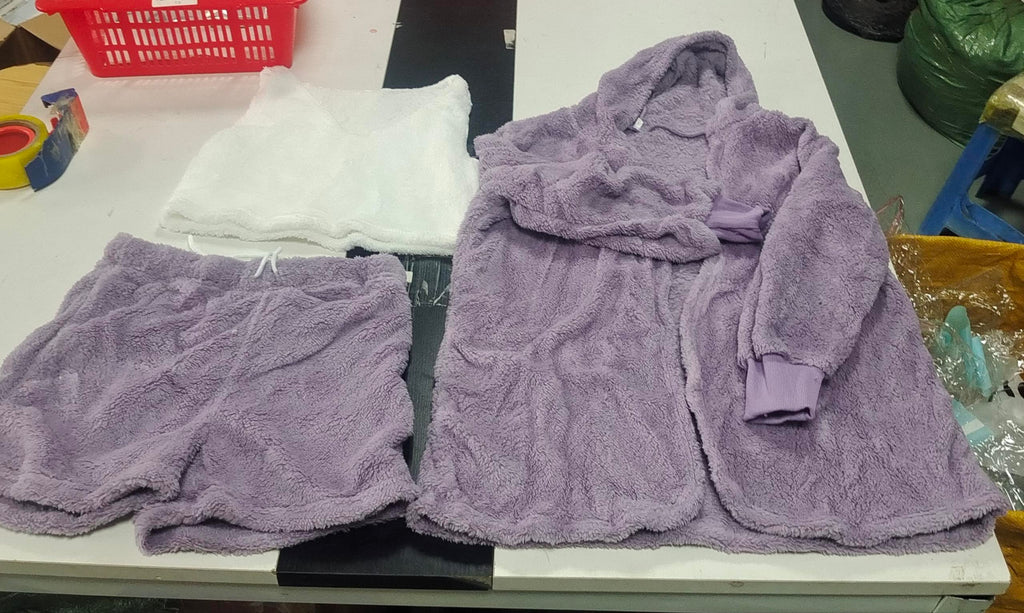 3-piece fuzzy lounge set pair: lavender cropped tank and drawstring shorts