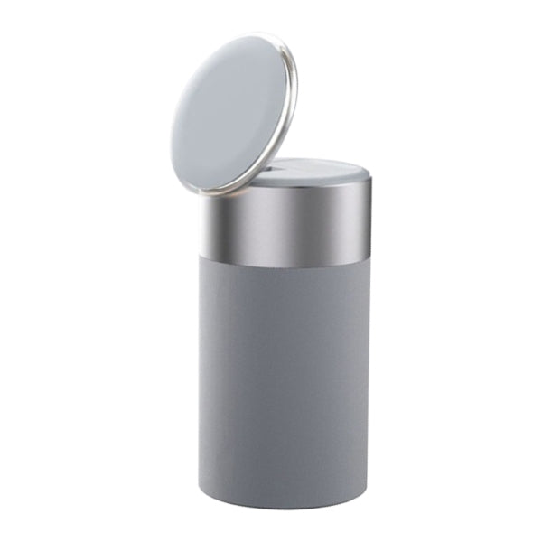 3-in-1 wireless charger speaker with lamp, grey cylinder with round lid open and silver rim