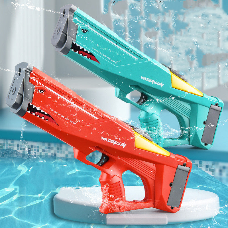 Automatic water gun toy set with red and green bodies and yellow front nozzles.