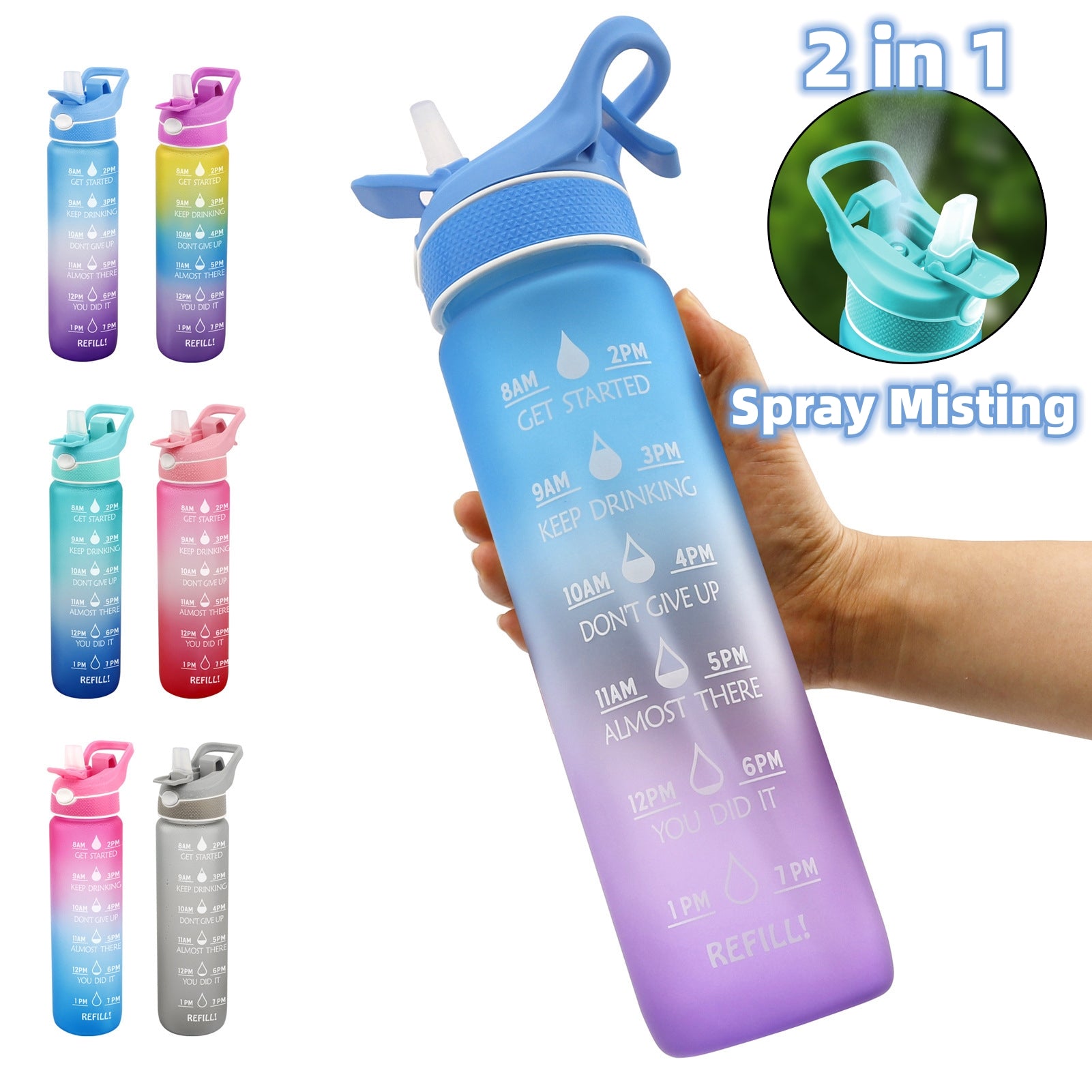 Water bottle with flip straw cover, blue-to-purple gradient, printed refill schedule.