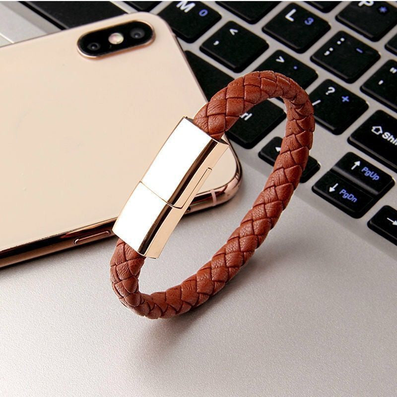 Brown braided charging bracelet cable with gold-tone metal clasp