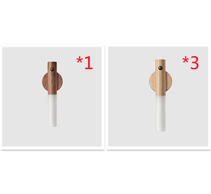 Magnetic LED night light set with 1 dark wood unit and 3 light wood units