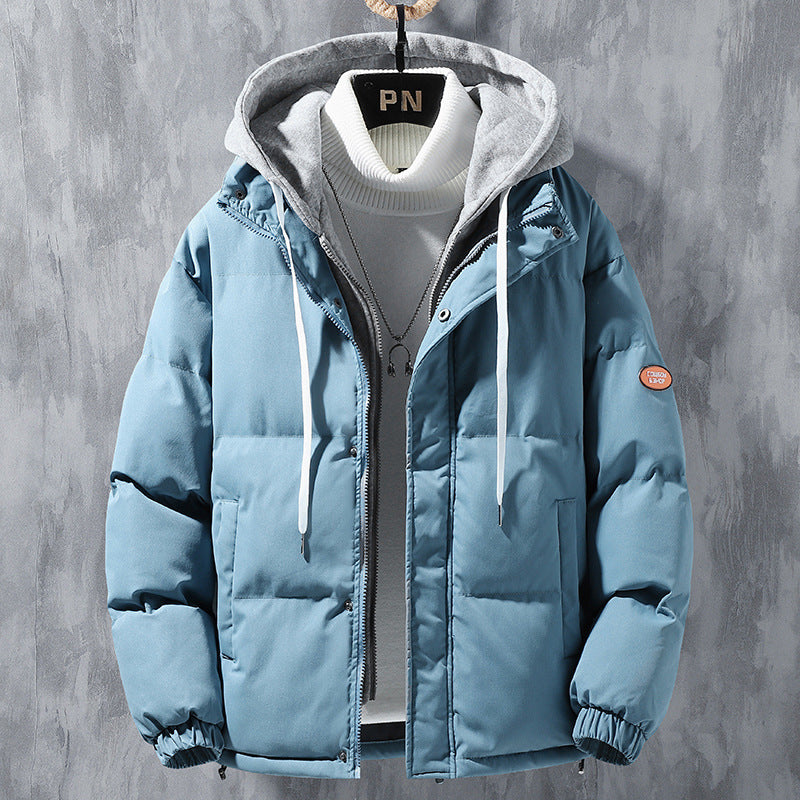 Men’s hooded puffer jacket in light blue, front zip-up with hood and elastic cuffs