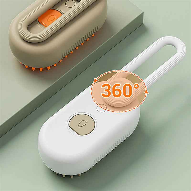 White electric pet grooming brush with round control button and orange bristle edge