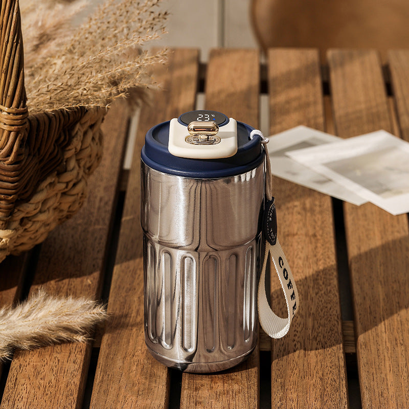 450ml insulated thermal bottle with stainless body, blue lid, digital temperature display