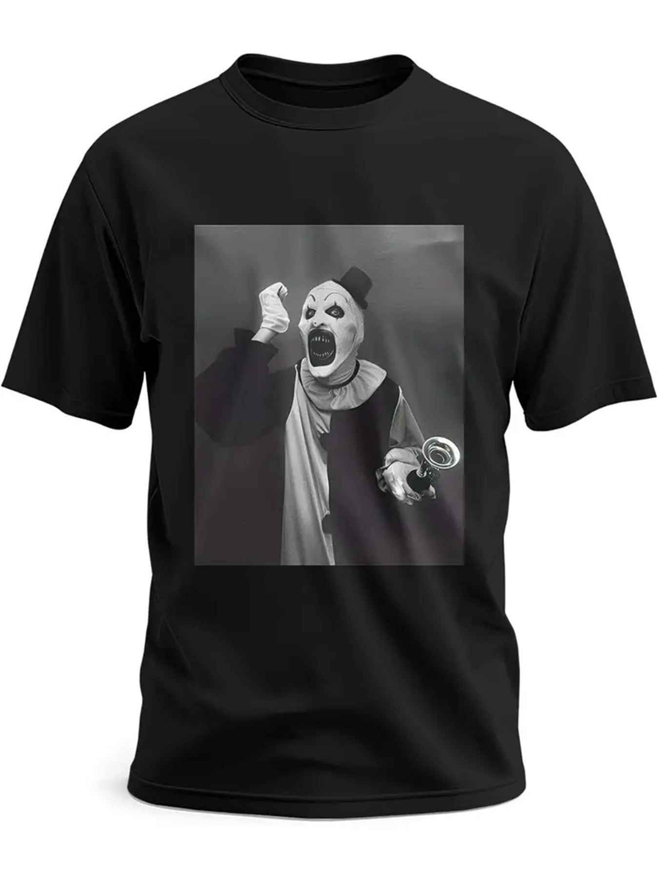 Men's black crewneck T-shirt with short sleeves and front monochrome animal print