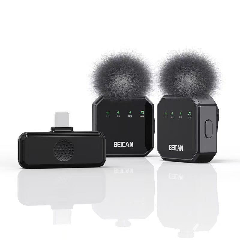 Wireless lavalier microphone set: black clip-on mic and two foam-windscreen receiver units