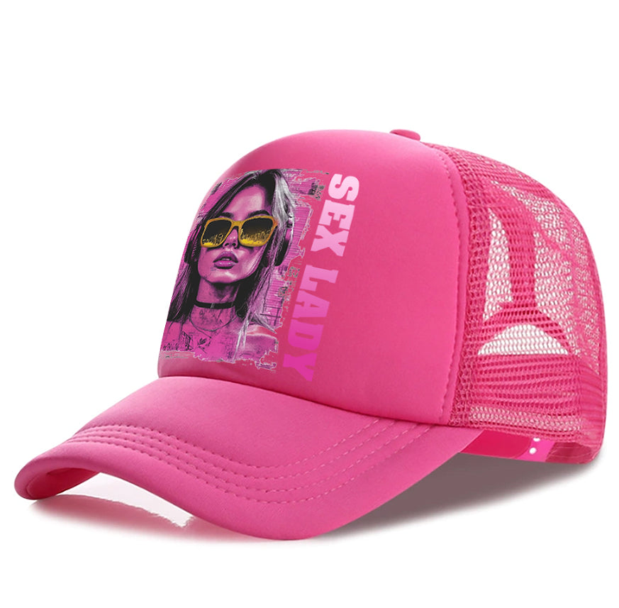 Pink mesh baseball cap with front photo graphic panel and curved brim