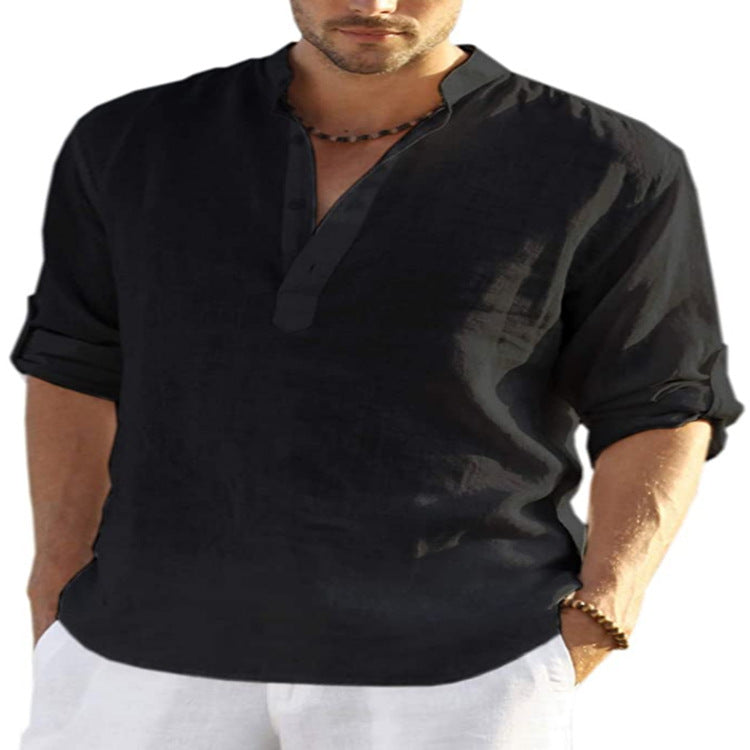 Men's cotton-linen short-sleeve shirt, black, stand collar with button placket