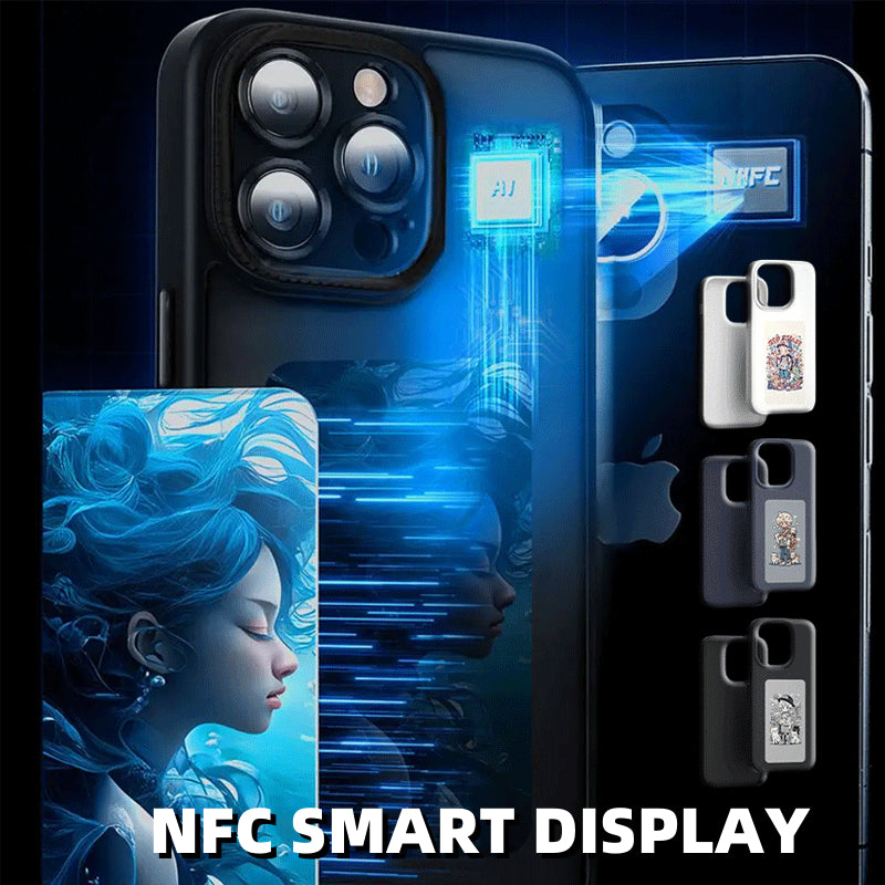 Black phone case with large camera cutouts and glowing blue display graphic panel