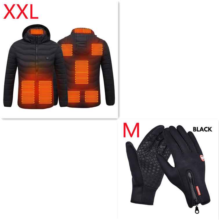 Black heated puffer jacket with glowing heater zones and matching gloves