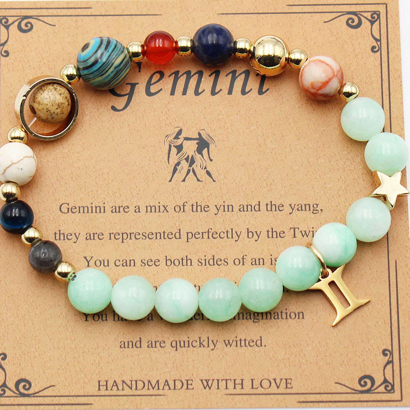 Gemini zodiac beaded bracelet with mint green beads and gold star charm