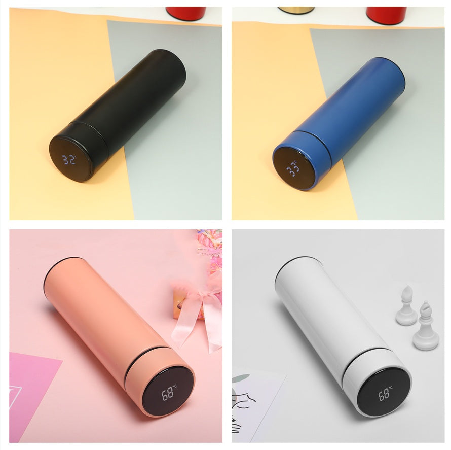 Insulated vacuum bottles with LED temperature display in black, blue, peach, and white
