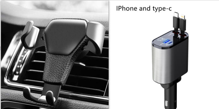 Car vent mount with clip and silver USB charger body, black connector ends