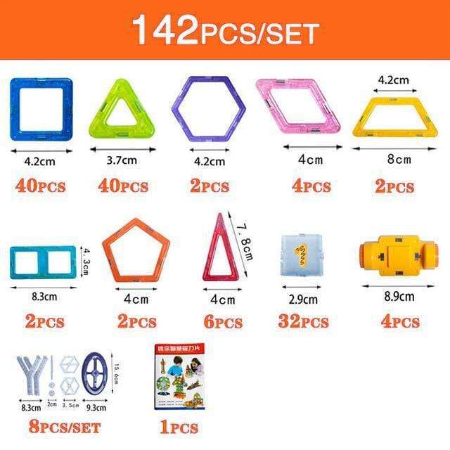 Magnetic building blocks 142-piece set with shape and size guide diagram