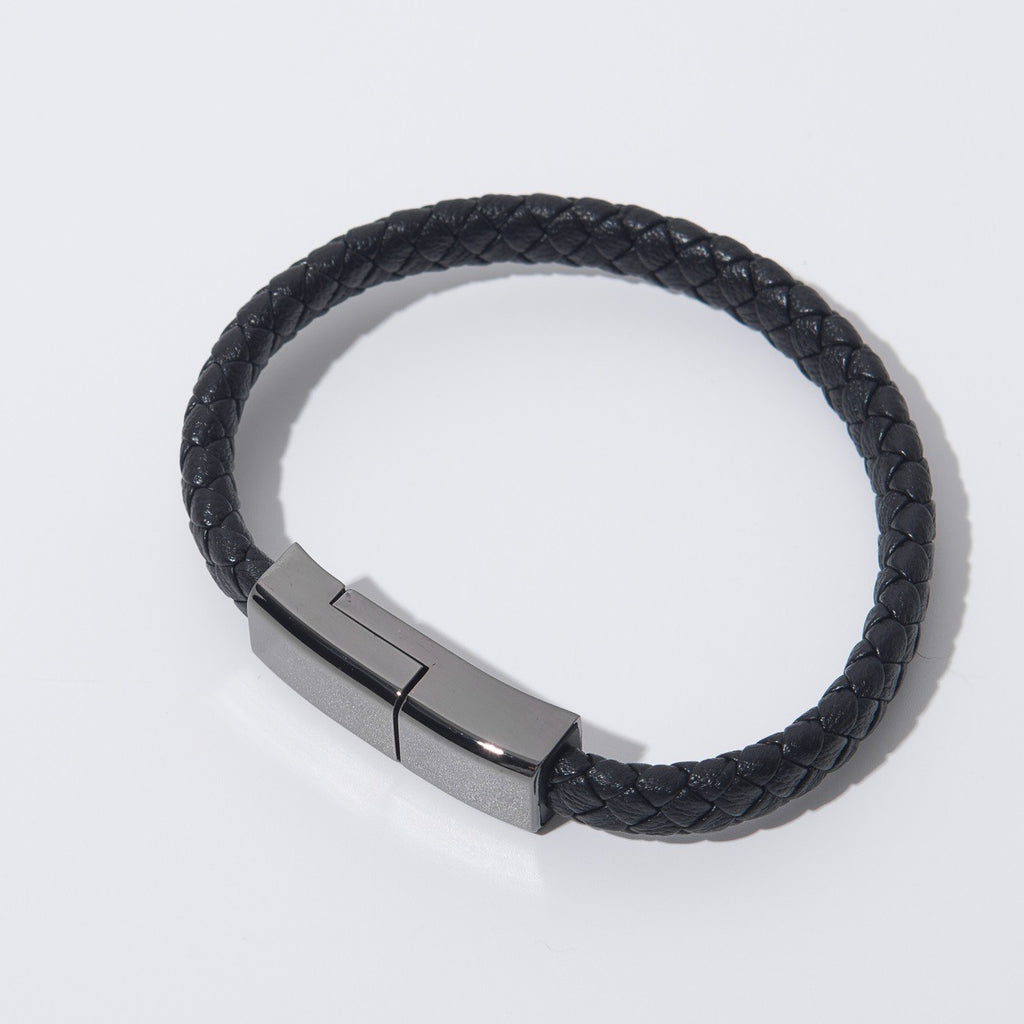 Black braided charging cable bracelet with metal USB plug connector