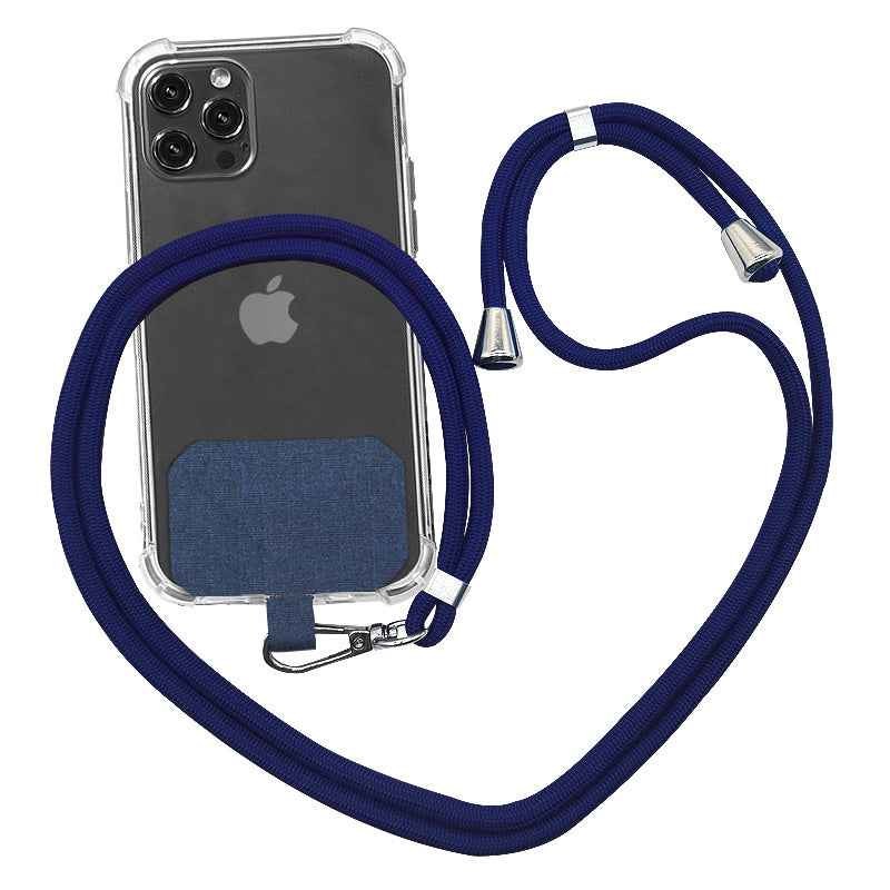 Phone lanyard strap with dark blue rope and metal clips for holding a phone