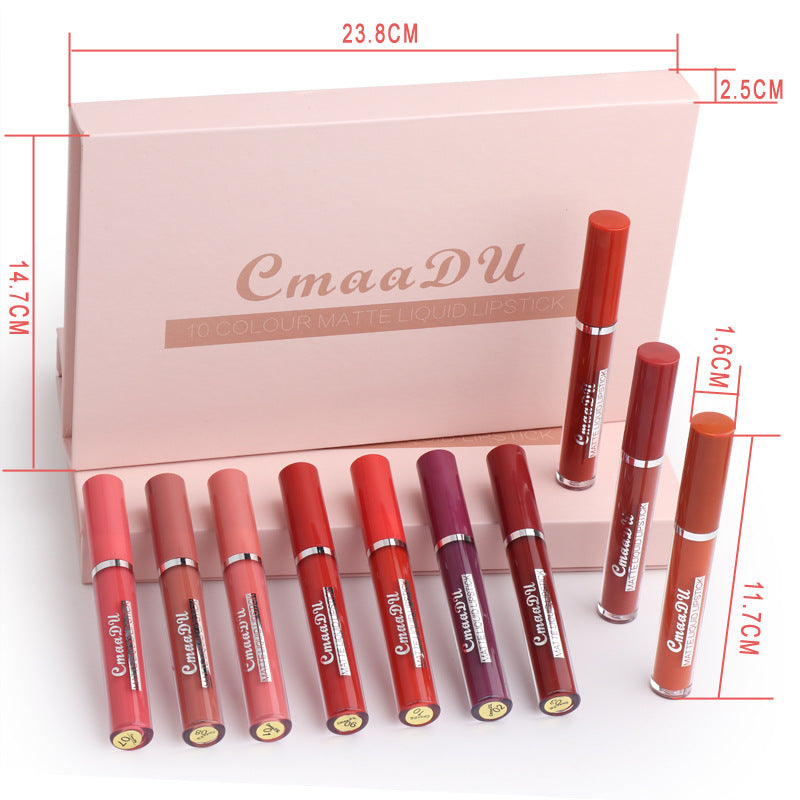 Matte waterproof lipstick set with assorted lip tubes beside a pale pink box